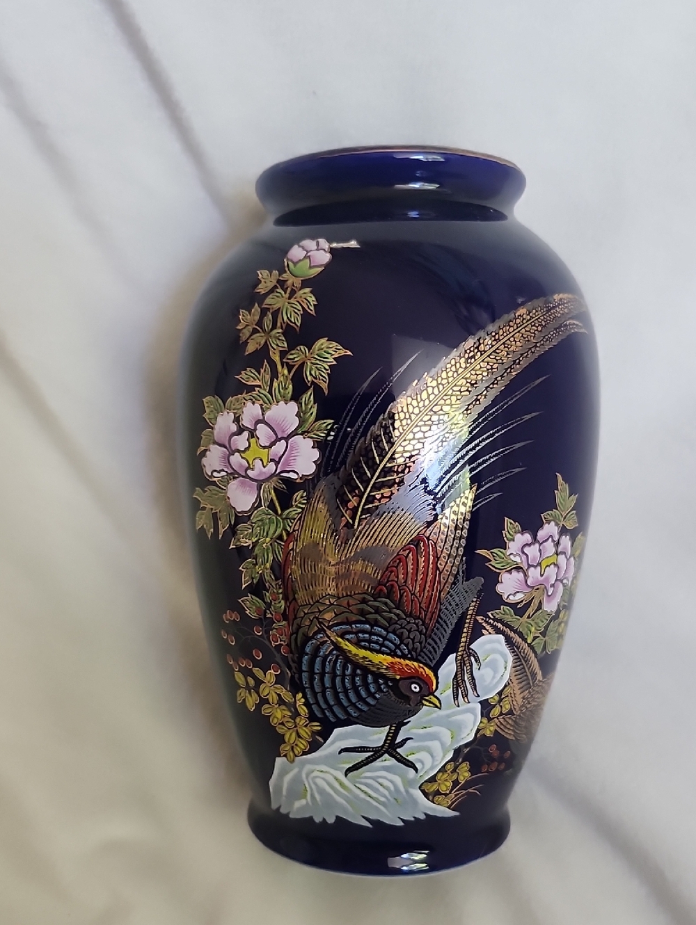 Hand-Painted Dark Blue Floral & Pheasant Ceramic Vase
